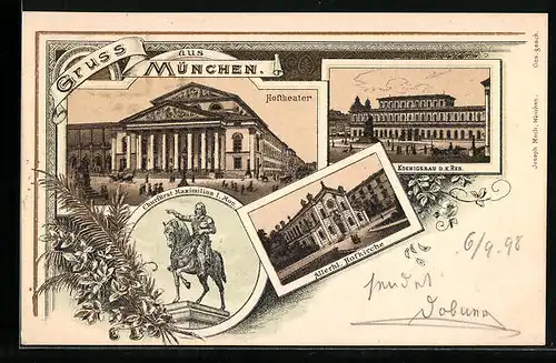 Lithographie München, Hoftheater, Königsbau d.K. Res., Allerhl. Hofkirche