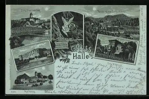 Mondschein-Lithographie Halle /Saale, Burg Giebichenstein, Reilsburg v.d. Burgschänke, Bad Wittekind, Moritzburg