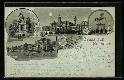 Mondschein-Lithographie Hannover, Polytechnikum, Sachsen-Ross, Kriegerdenkmal, Bahnhof