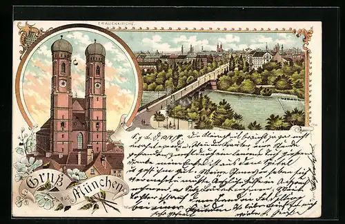 Lithographie München, Frauenkirche, Isarpartie