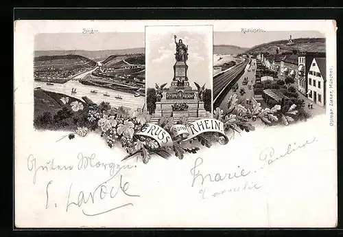 Vorläufer-Lithographie Bingen, 1894, Gesamtansicht, Rüdesheim