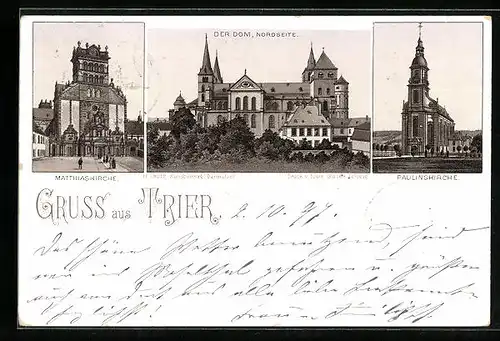 Lithographie Trier, Der Dom, Matthiaskirche, Paulinskirche