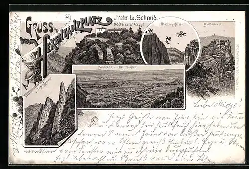 Lithographie Thale, Panorama vom Hexentanzplatz, Bismarkstein, Rosstrappenfelsen, Hirschgrund