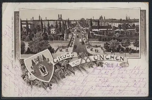 Lithographie München, Teilansicht mit Prachtstrasse, Wappen