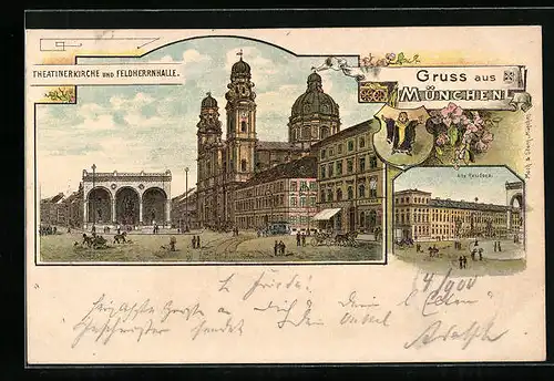 Lithographie München, Theatinerkirche und Feldherrnhalle, Alte Residenz, Münchner Kindl
