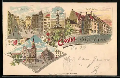 Lithographie München, Karlsthor, K. Hofbräuhaus, Löwenbräukeller