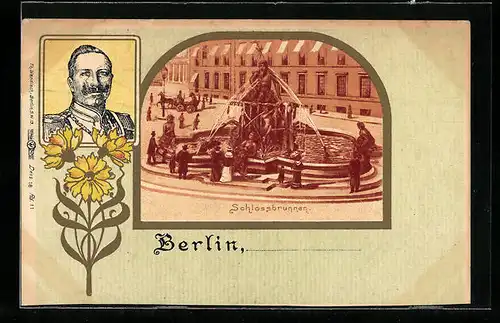 Lithographie Berlin, Besucher am Schlossbrunnen, Kaiser Wilhelm II.