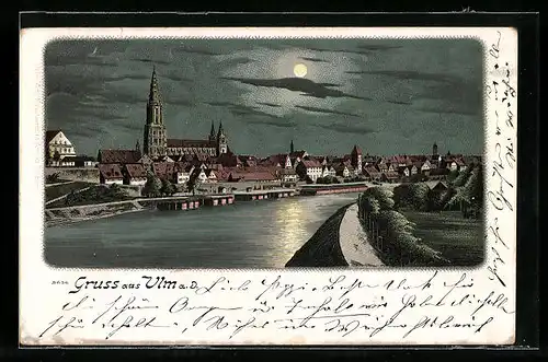 Lithographie Ulm, Panorama der Stadt mit glitzernder Donau