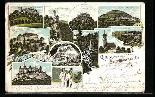 Lithographie Hohenstaufen, Rechberg, Neuffen, Lichtenstein, Schwäbische Tracht