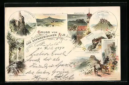 Lithographie Neuffen, Hohen-Neuffen, weitere Burgen auf der schwäbischen Alb, Rosenstein, Rechberg