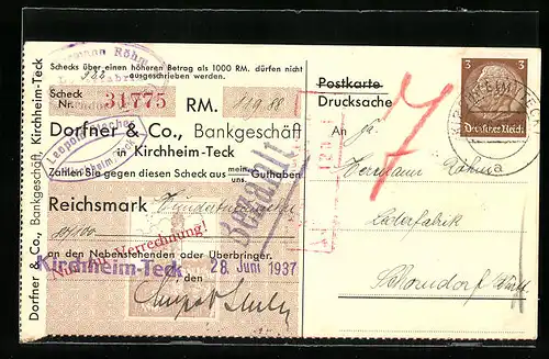 AK Kirchheim-Teck, Bankgeschäft Dorfner & Co., Scheck Nr. 31775