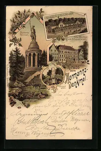 Lithographie Detmold, Hermannsdenkmal, Hotel Frankfurt und Gasthof C. Reinecke