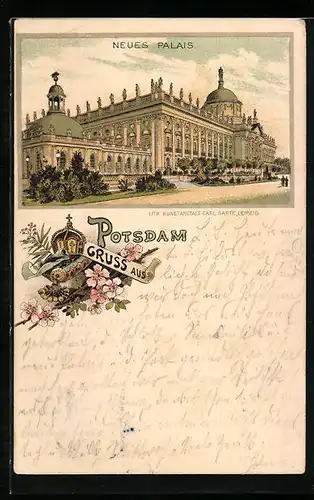 Lithographie Potsdam, Neues Palais, Krone mit Blumen