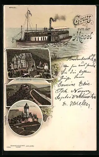 Lithographie Cochem, Schloss, Moseldampfer, Burg Etz