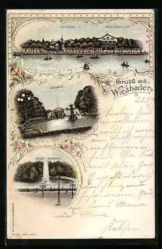 Lithographie Wiesbaden, Panorama mit Kursaal und Musikpavillon, Kurhaus