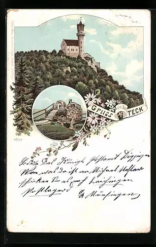 Lithographie Teck, Gebäude mit Turm, Aussichtspunkt mit Besuchern