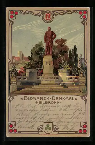 Lithographie Heilbronn, Bismarck-Denkmal mit Turm und Stadtblick, Ornamente