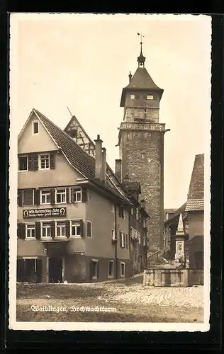 AK Waiblingen, Ortspartie mit Hochwachtturm, Denkmal und Haus des Wagenbauers Bartenschlag