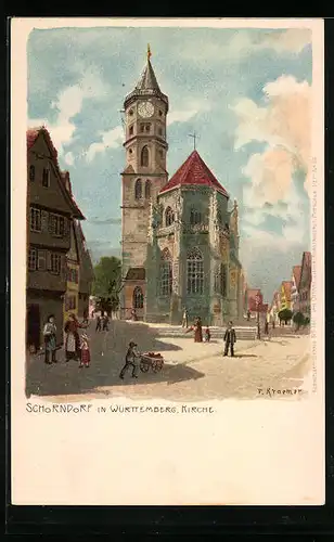 Lithographie Schorndorf /Württ., Ortspartie mit Kirche