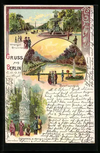 Lithographie Berlin-Tiergarten, Partie am Wrangelbrunnen, Denkmal der Königin Luise