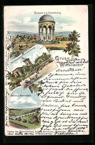 Lithographie Wiesbaden, Gasthaus und Tempel auf dem Neroberg, Viadukt der Nerobergbahn