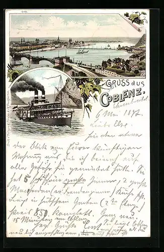 Lithographie Coblenz, Ortsansicht mit Brücke, Dampfschiff