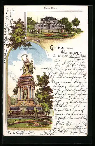 Lithographie Hannover, Neues Haus, Kriegerdenkmal
