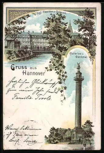 Lithographie Hannover, Waterloo-Denkmal, Residenz-Schloss