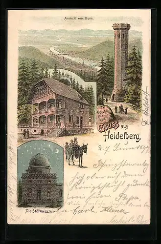 Lithographie Heidelberg, Ortsansicht vom Turm auf dem Königstuhl, Gasthaus und Sternwarte