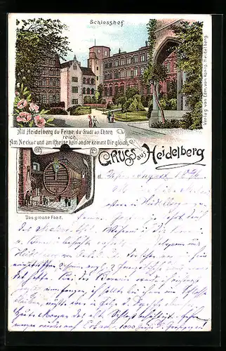 Lithographie Heidelberg, Schlosshof mit Anlagen, Grosses Fass