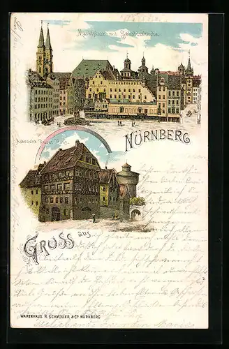 Lithographie Nürnberg, Marktplatz mit Sebalduskirche, Albrecht Dürer-Haus