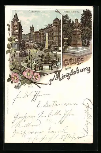 Lithographie Magdeburg, Hasselbachplatz aus der Vogelschau, Friesen-Denkmal