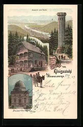 Lithographie Heidelberg, Turm, Gasthaus und Sternwarte auf dem Königsstuhl