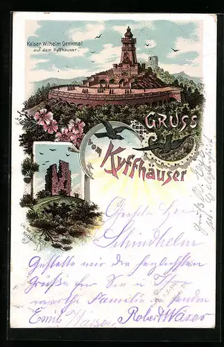 Lithographie Kyffhäuser, Kaiser Wilhelm Denkmal und Ruine