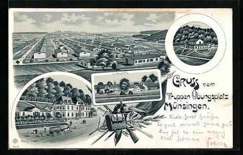 Lithographie Münsingen, Hardt Hotel, Casino, Ludwigshöhe, Truppenübungsplatz, Baracken