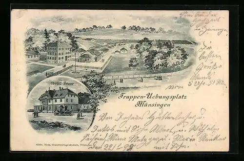 Lithographie Münsingen, Totalansicht Truppen-Übungsplatz, Hotel Fezer