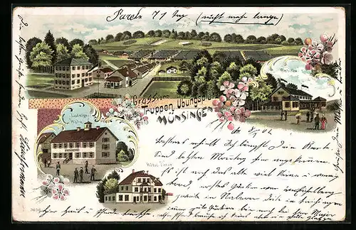 Lithographie Münsingen, Totale Truppenübungsplatz, Hotel Fezer, Ludwigshöhe