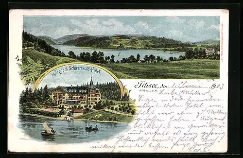 Lithographie Titisee, Jaegers Schwarzwald-Hotel, Panorama mit See