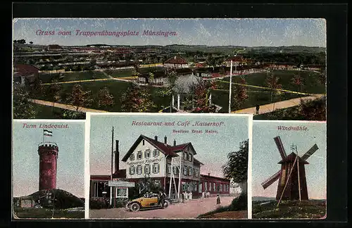 AK Münsingen, Restaurant und Cafe Kaiserhof, Truppenübungsplatz, Turm Lindequist, Windmühle