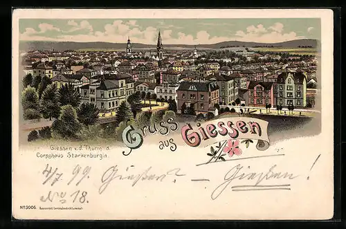 Lithographie Giessen, Totalansicht v. d. Turm d. Corpshaus Starkenburgia