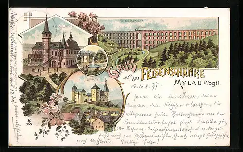 Lithographie Mylau i. Vogtl., Gasthaus Felsenschänke, Göltzschthalbrücke, Schloss