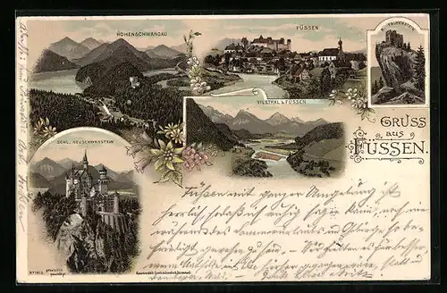 Lithographie Füssen, Totalansicht mit Schloss Neuschwanstein