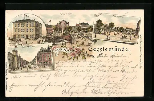 Lithographie Geestemünde, Hotel Lehrke, Marktplatz mit Pferdebahn, Geestebrücke mit Ortsansicht