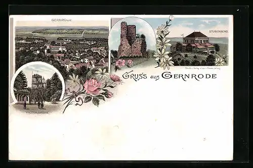 Lithographie Gernrode, Totalansicht, Victorshöhe, Stubenberg