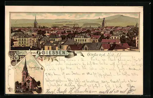 Lithographie Giessen, Johannes-Kirche, Gesamtansicht