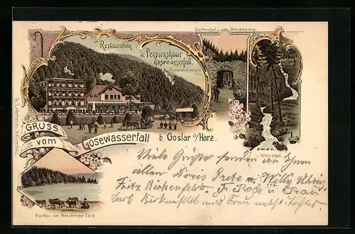 Lithographie Goslar, Restaurant u. Pensionshaus Gosewasserfall, Herzberger Teich
