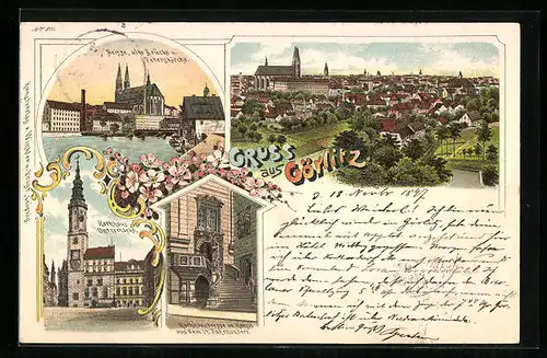 Lithographie Görlitz, Rathaus am Untermakt, Blick über die Neisse und Ortsansicht