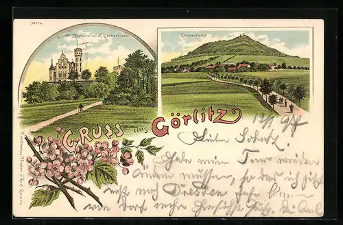 Lithographie Görlitz, Restauration auf der Landeskrone, Ortsansicht mit Landeskrone