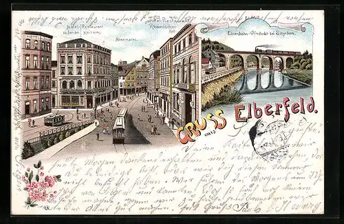 Lithographie Elberfeld, Eisenbahn-Viadukt, Altenmarkt, Hotel Rheinischer Hof