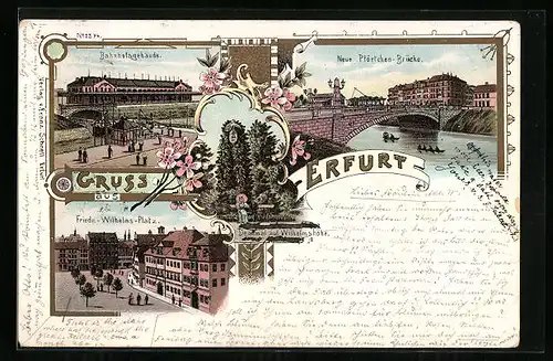 Lithographie Erfurt, Bahnhofsgebäude, Friedrich-Wilhelm-Platz, Neue Pförtchen-Brücke